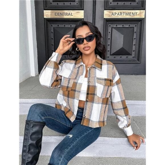 Brown Plaid Print Corduroy Cropped Jacket Shacket Button‎ Down Long Sleeve Coat - Picture 2 of 6